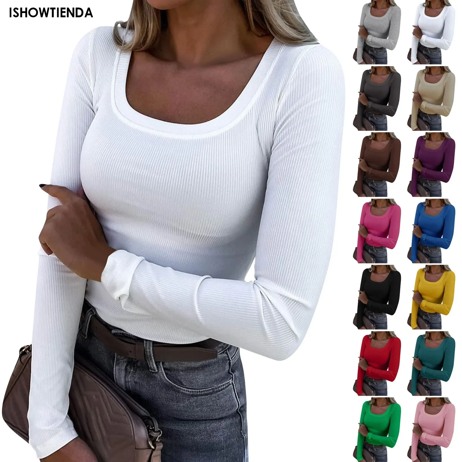 Женский пуловер с длинным рукавом Сексуальная футболка 2024 Осень Сексуальный U-образный вырез Твердые базовые футболки Тонкая мода Корейский женский пуловер Футболка