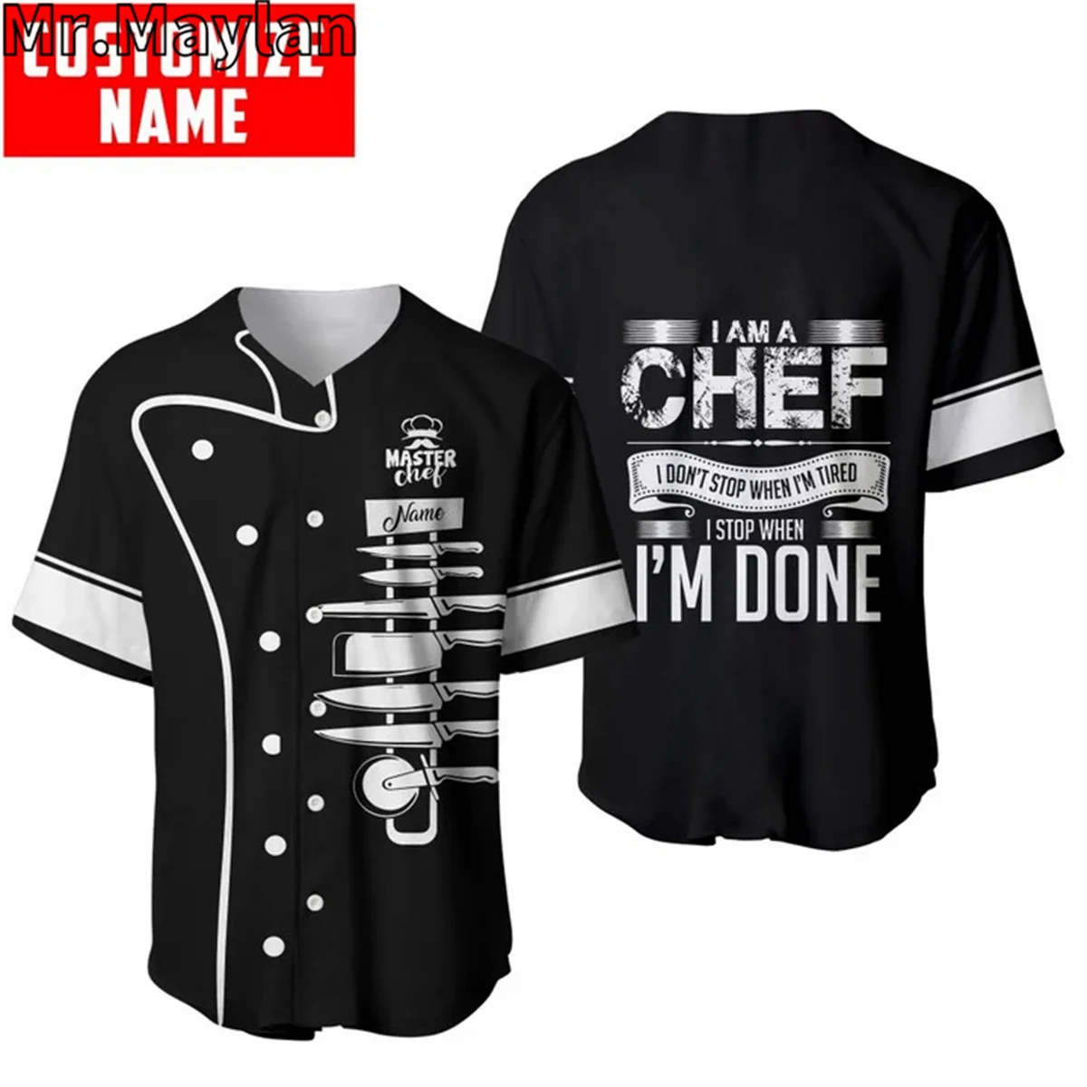 Индивидуальный подарок для шеф-повара Череп Бейсбол Джерси Черный Белый Рубашка 3D Master Chef Бейсбольная рубашка Мужская рубашка Повседневная футболка хип-хоп Топы-9