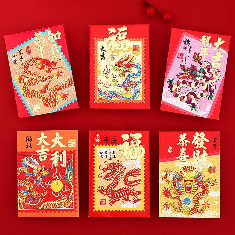 6PCS Китайский Новый год Красный Пакет 2024 Год Дракона Красные Конверты Счастливые Деньги Сумка Подарочные Конверты Красный Пакет