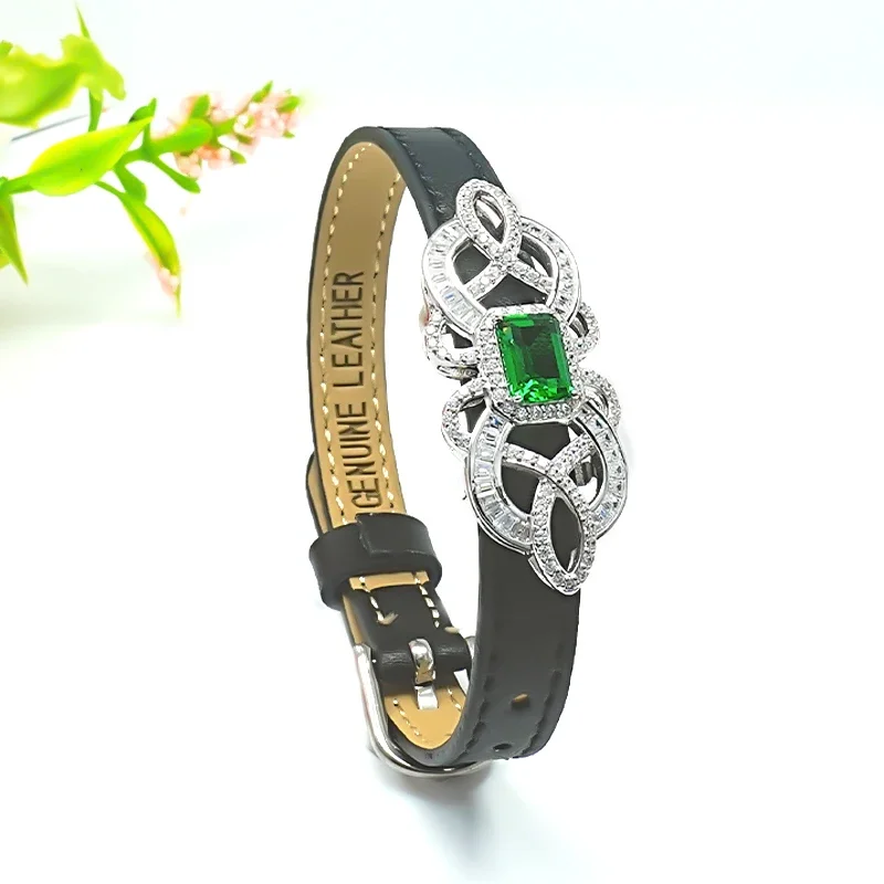  зеленый браслет из стерлингового серебра с инкрустацией воловьей кожей с высокоуглеродистыми бриллиантами Винтажная свадьба