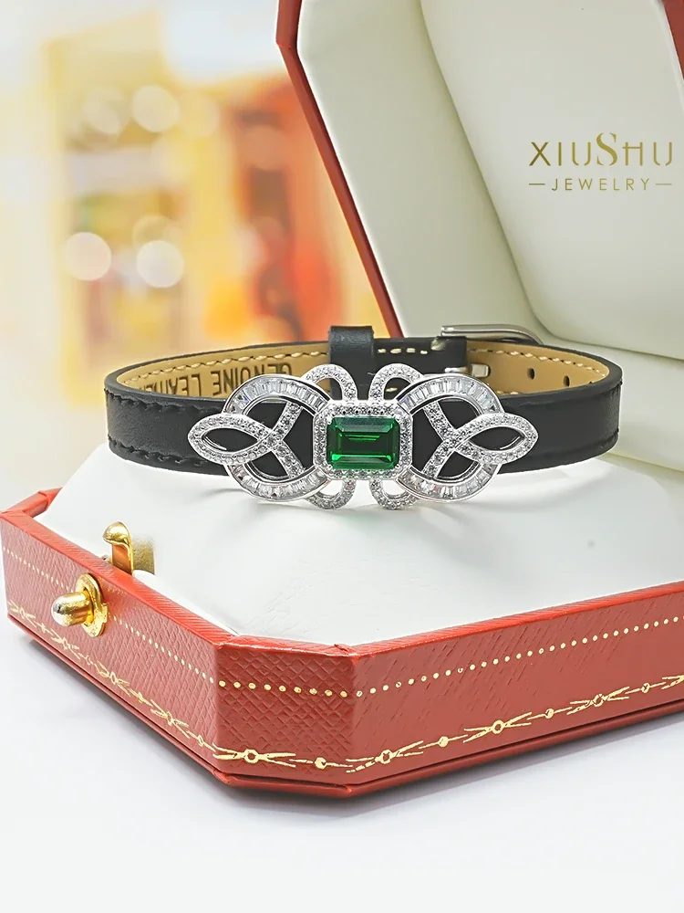  зеленый браслет из стерлингового серебра с инкрустацией воловьей кожей с высокоуглеродистыми бриллиантами Винтажная свадьба
