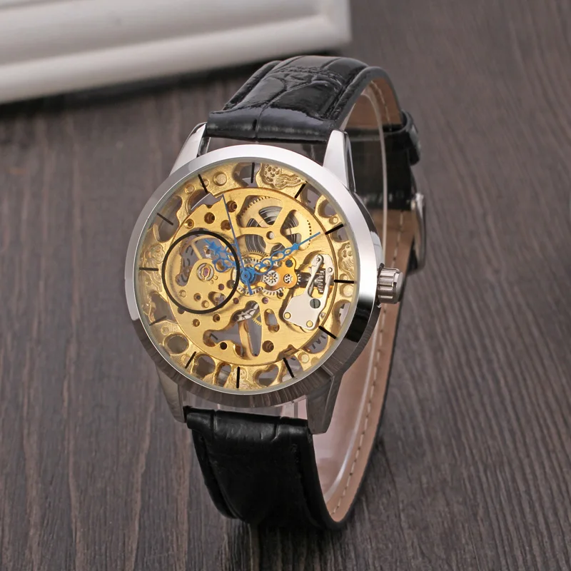  Механические часы Мужские часы Модные повседневные Ретро Скелет Синие Руки Часы Ручные Механические Наручные Часы Relogio Masculino