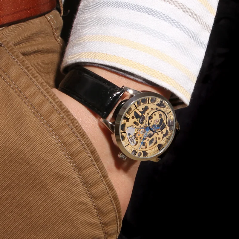 Механические часы Мужские часы Модные повседневные Ретро Скелет Синие Руки Часы Ручные Механические Наручные Часы Relogio Masculino