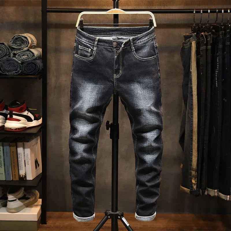 2023 Весна и осень Новая классическая мода Однотонные эластичные маленькие брюки для ног Мужские повседневные тонкие удобные высококачественные джинсы