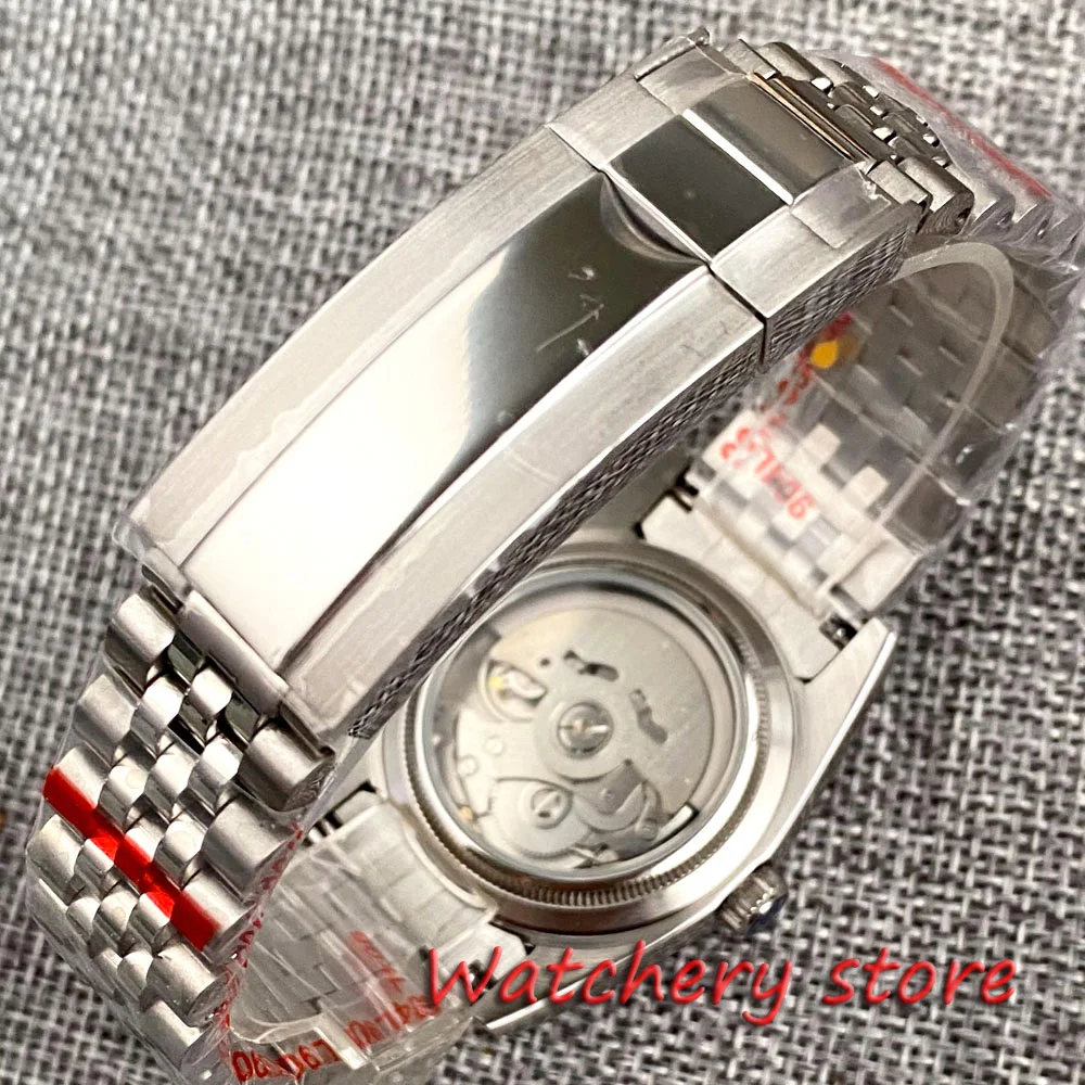 BLIGER 36 мм Мужские часы Розовый циферблат Сапфировое стекло Рифленый безель 24 камня Япония NH35A Автоматическое развертывание механизма Стеклянная задняя крышка
