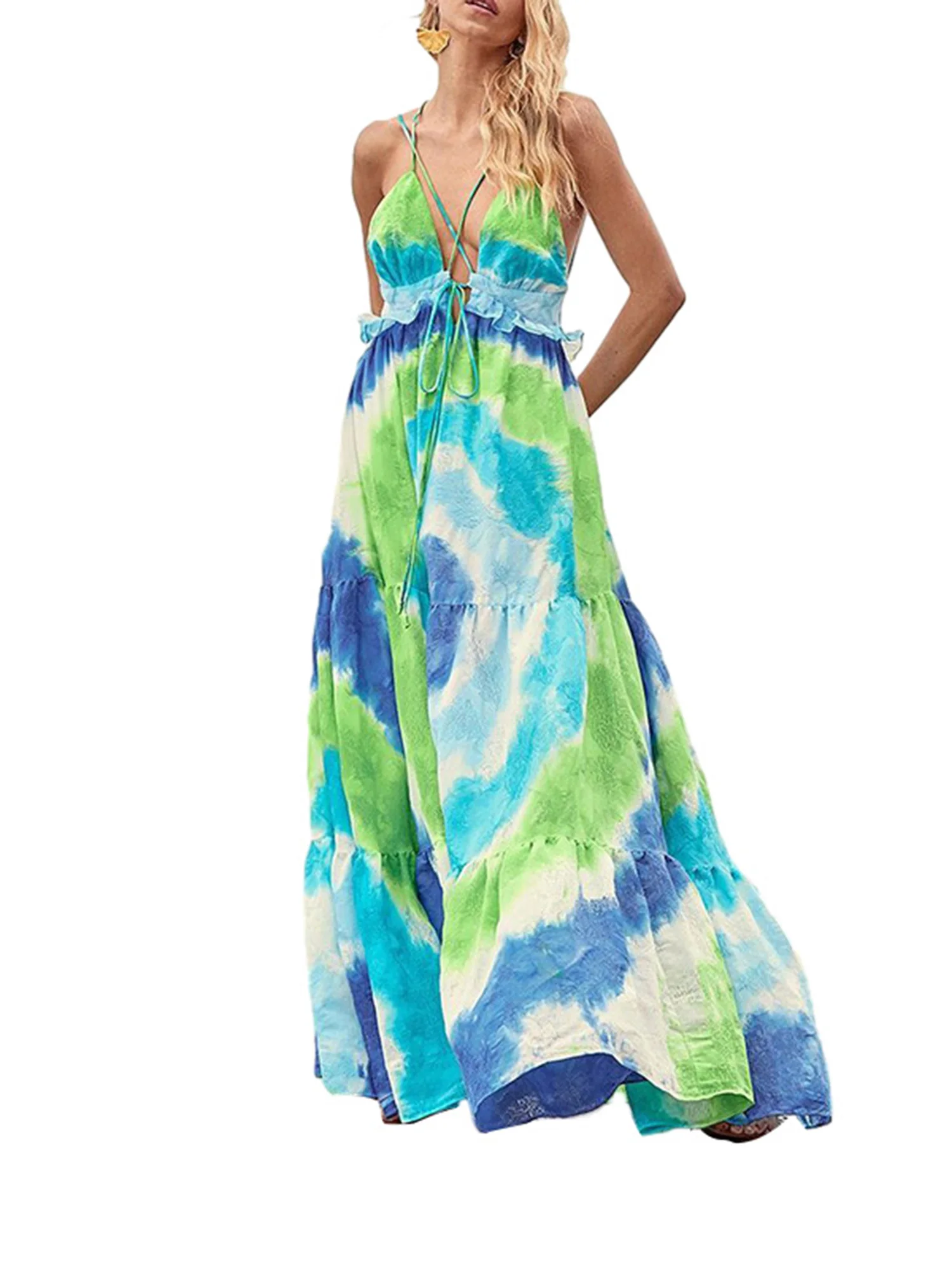 Элегантное женское макси-платье без рукавов с цветочным принтом, глубоким V-образным вырезом и открытой спиной - идеально подходит для летних пляжных вечеринок