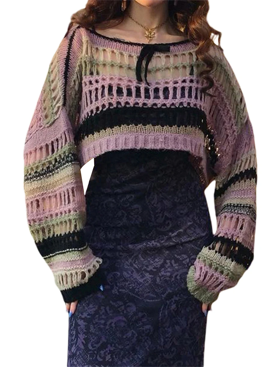 Женщины Мода Вязание крючком Пожимание плечами Свободный свитер Накидка Пэчворк Круглый вырез Длинный рукав Полый контрастный цвет Гранж Пляжная одежда