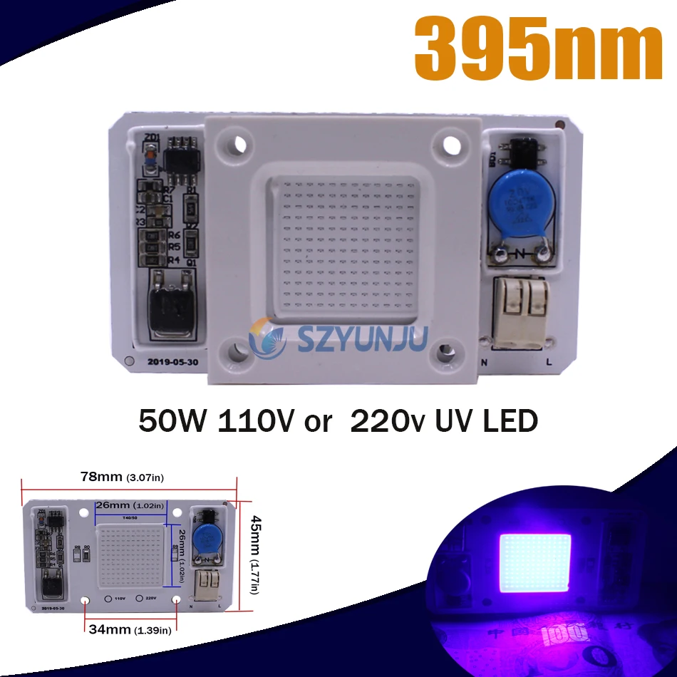 50 Вт Светодиодный COB УФ-лампа Чип Smart IC 110 В / 220 В 395 нм 400 нм DOB AC Ультрафиолетовый + радиатор + 12 В 1,25 А Мощность светодиода