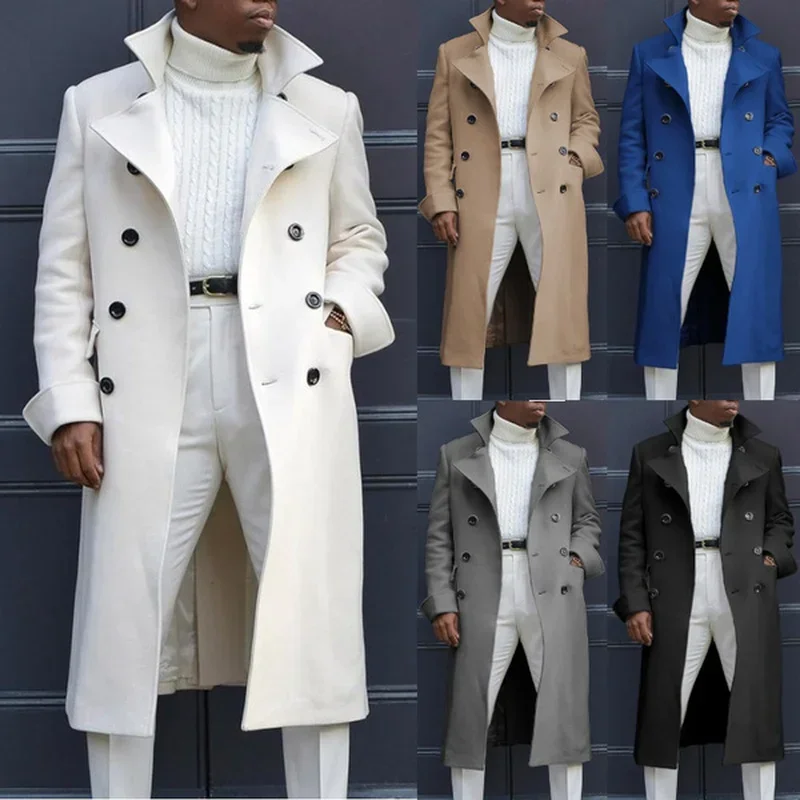 Мода Белые длинные куртки Тренч Шерсть Смесовые Мужское пальто Длинный тренч Двубортные пальто Уличная одежда Вечеринка Свободный Джек