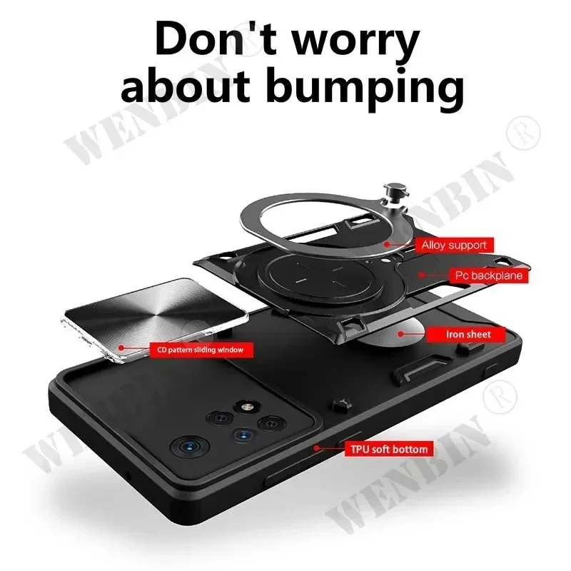 Чехол для Redmi Note 12 Pro 11 Pro Poco X5 Pro Xiaomi 13T Pro Магнитная вращающаяся раздвижная камера 360 Поворотная подставка Чехол Чехол